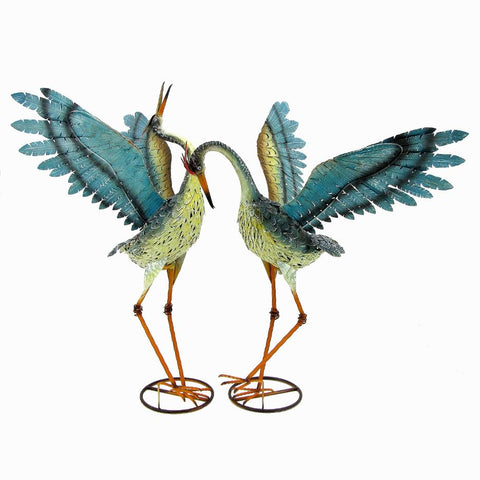 Dancing Large Spread Wing Crane Figurines | Set of 2 Iron Metal Painted Blue Yellow