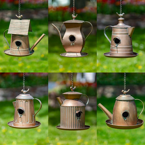 Hanging Antique Copper Teapot Birdhouse & Feeders