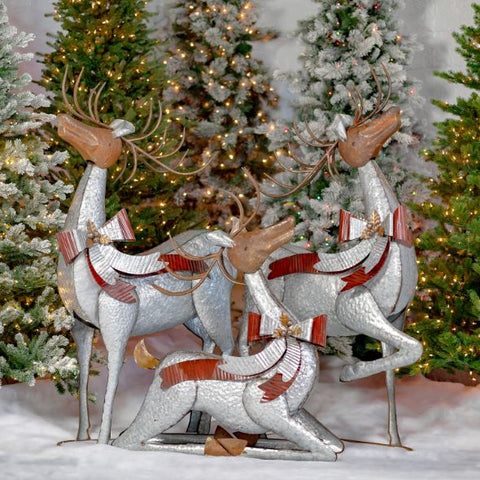 Set of 3 Large Galvanized Reindeer Christmas Decorations with Bows and Bells