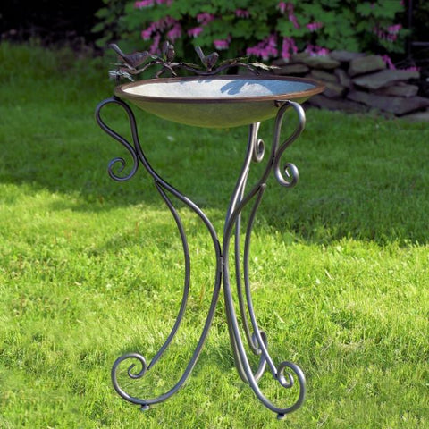 Round Birdbaths Iron Metal Yard Garden Perch Basin Water Stands "Three Birds"