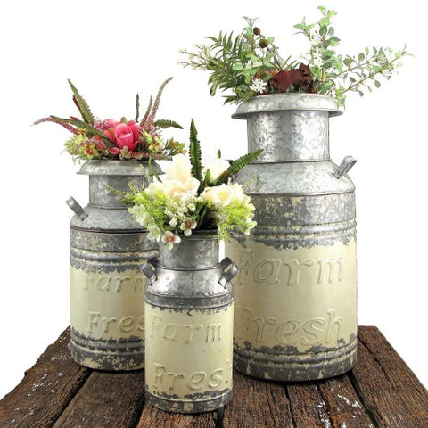 Old Style Milk Can Planters Pot Canisters Set of 3 Galvanized Metal