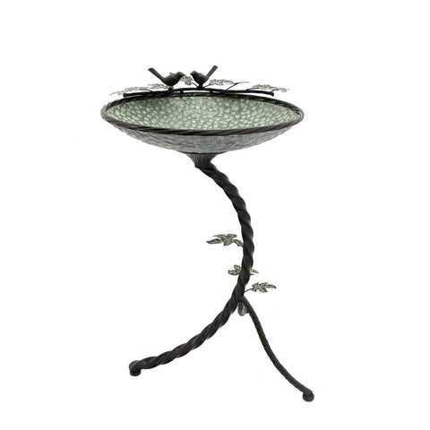 Round Metal Birdbath Basin Bowl with Branch Stand and Bird Details