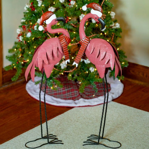 Set of 2 Pink Christmas Flamingos with Santa Hats & Scarves