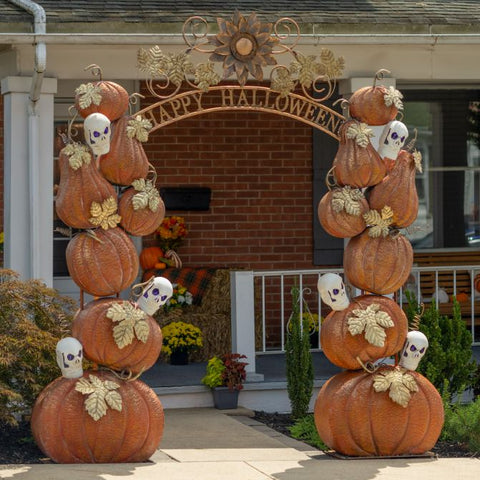 Large Happy Halloween Cemetary Arch with Pumpkins and Skulls