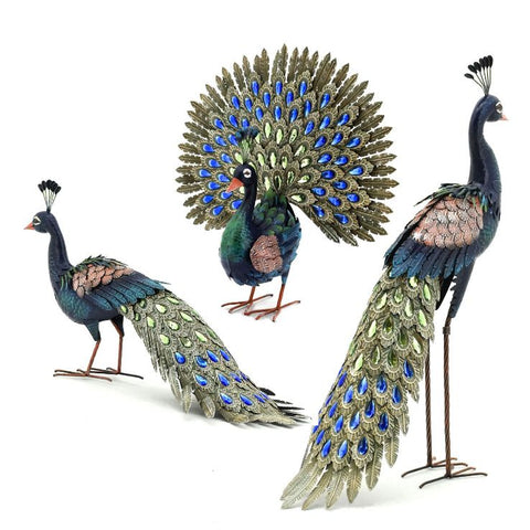 Set of 3 Elegant Peacock Statues | Realistic Acrylic Jewel Details