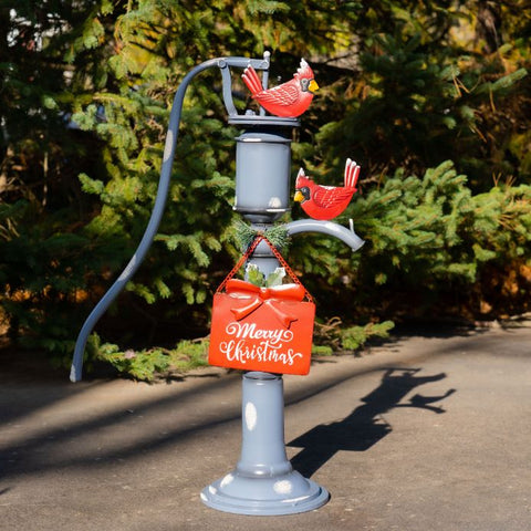 "Merry Christmas" Sign Old Style Blue Iron Water Pump with Cardinals Birds