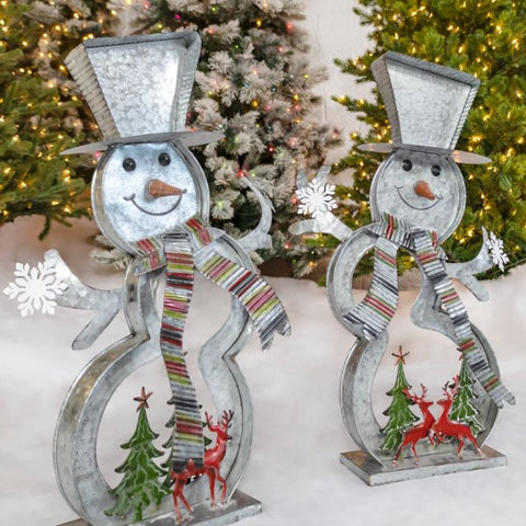 Metal Snowmen Decorations Red Green Christmas Trees & Reindeer | Set of 2