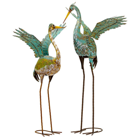 Tall Coastal Green Grey Iron Heron Standing Bird Statues | Set of 2