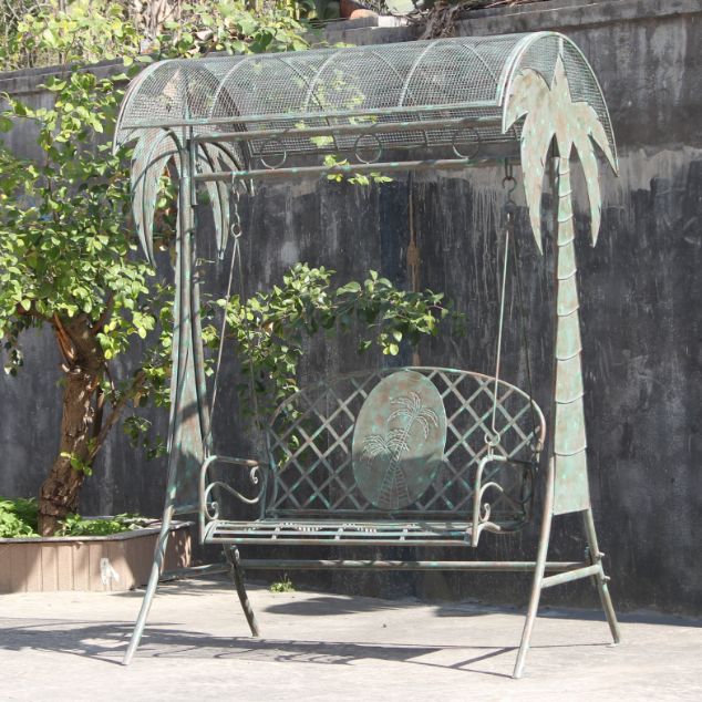 Iron Swing Bench with Overhead Shade Panel