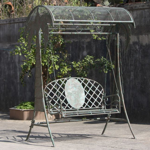 Iron Swing Bench with Overhead Shade Panel "Palm Beach"