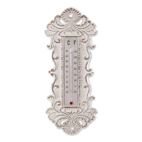 Wall Thermometer | Antique-Look Ornate Cast Iron | White