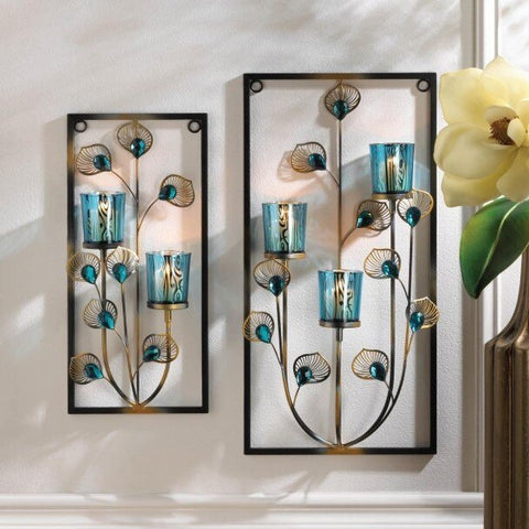 Peacock Rectangular Wall Sconce | Teal Turquoise Blue Candle Holders