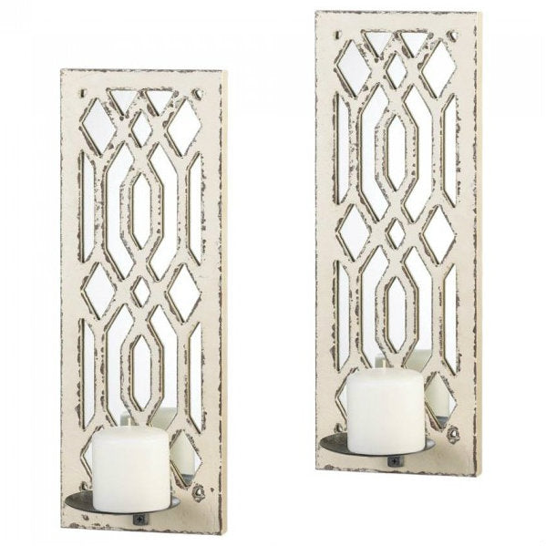 Deco Mirrored Wall Sconce Candle Holder Set Weathered White YardEpic