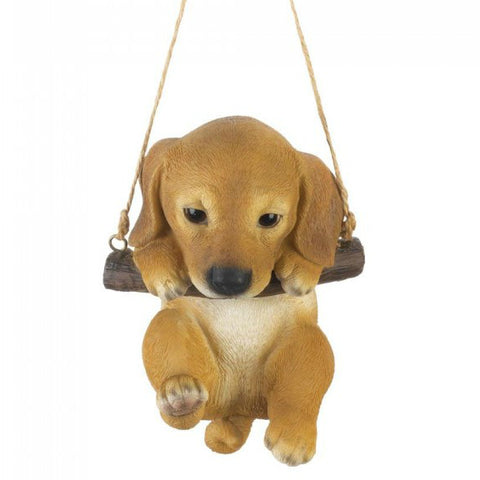 Swinging Puppy Decor Pug Puppy Figurine on Rope Log Swing