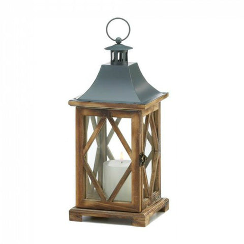 Diamond-Side Wood Glass Panel Candle Lantern - 14 inches