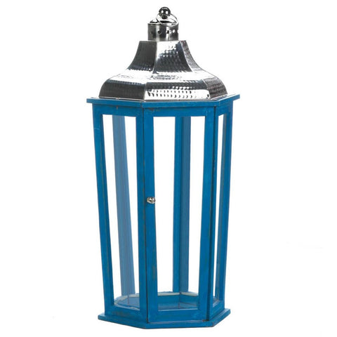 Blue Wood Candle Lantern with Stainless Steel Top
