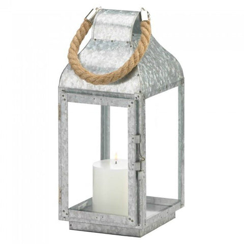 Galvanized Metal Candle Lantern with Rope Handle | Glass Windows
