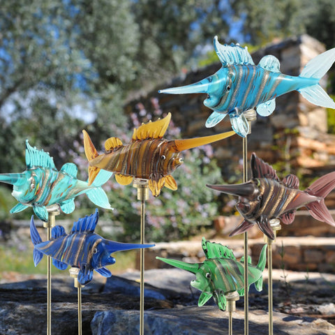 Hand Painted Glass Swordfish Garden Stakes on Sticks Ocean Beach Theme | 6 Pack