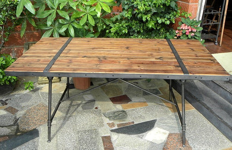 Classic Wooden Top Iron Table with Metal Trim Reclaimed Wood