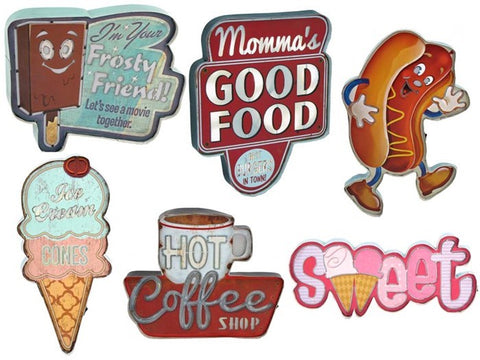 Set of 6 Light Up Vintage Style Restaurant Wall Signs with LED Lights