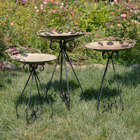 Set of 3 Frosted Gold Cast Iron Bird Baths Basin Stands for Sale