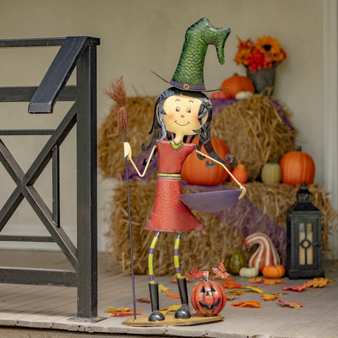 Standing Cute Witch Girl with Broom and Candy Tray Halloween Porch Decoration