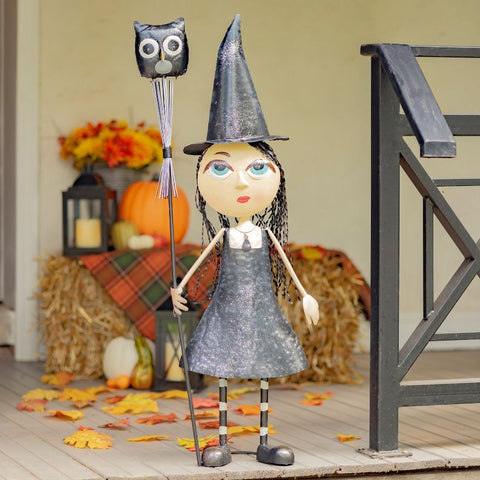 Big Eyed Standing Witch Girl Black Cat Owl Broomstick Halloween Decoration