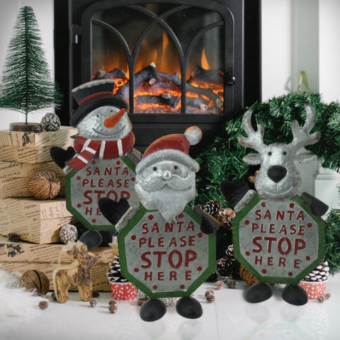 Set of 3 Galvanized Iron Christmas Crossing Guard Sign Decorations