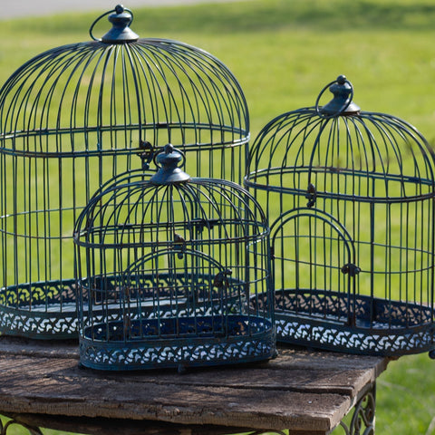 Set of 3 Birdcage Decorations in Antique Blue