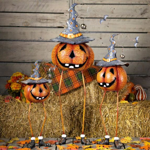 Funny Jack-O-Lantern Pumpkin Figurines Metal Outdoor Long Legs Set of 3