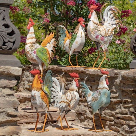 Set of 6 Rooster Chicken Family Farm Decoration Figurines Assorted Painted Iron