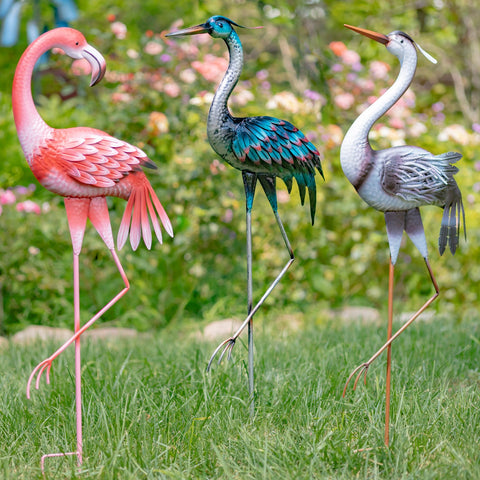 Set of 6 Tall Iron Bird Garden Stakes Herons Cranes Flamingos
