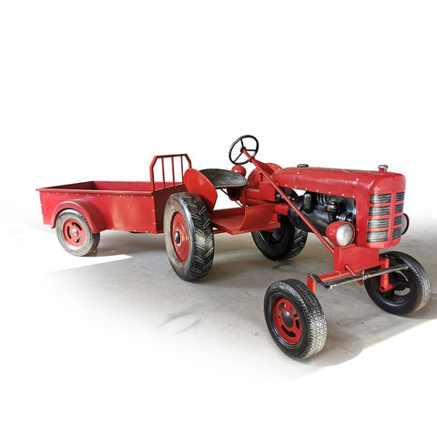 Red Metal Tractor with Cart Trailer Country Decoration | Large or Small