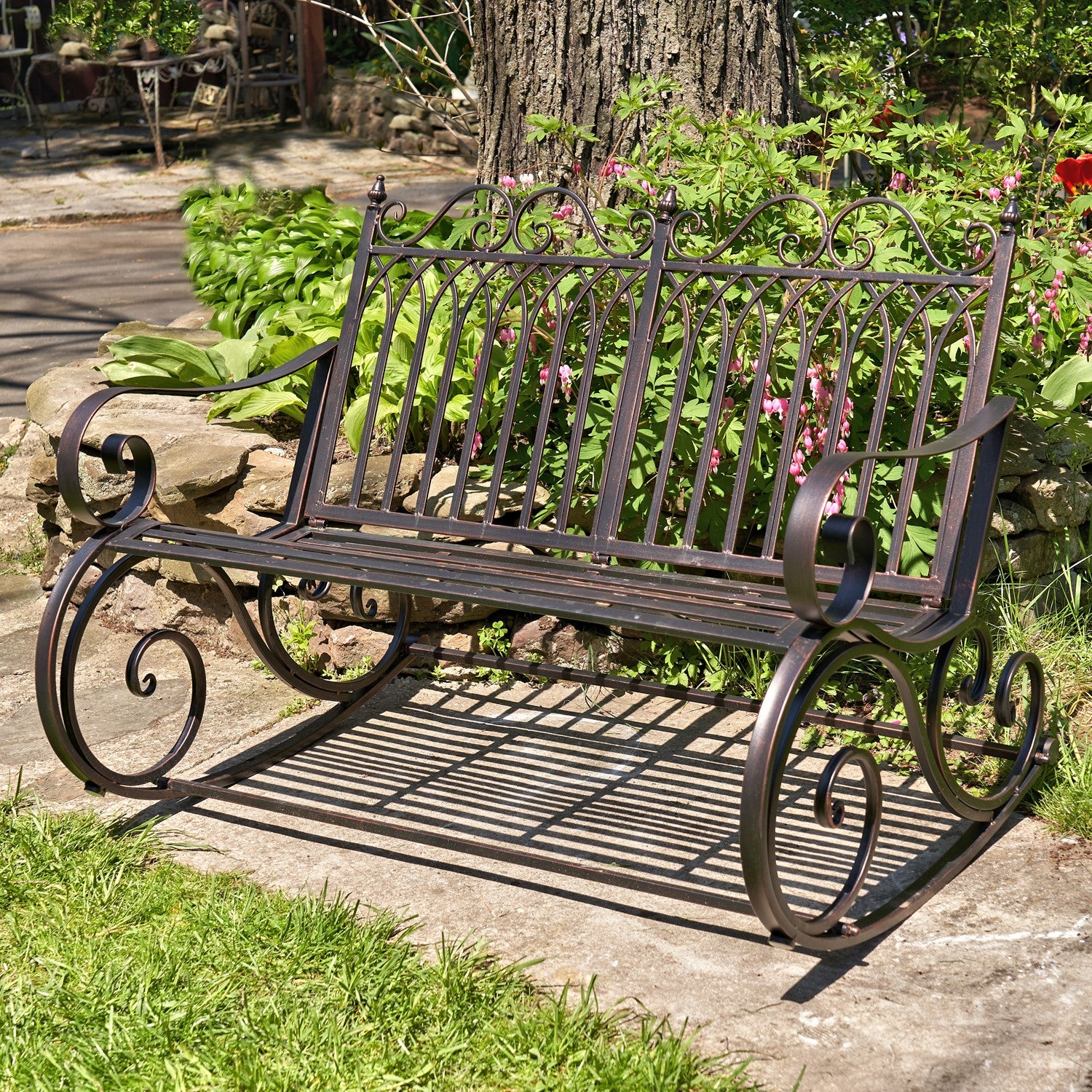 Wood and sales iron outdoor bench