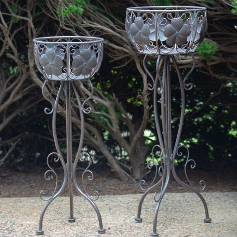 Set of 2 Round Basket Outdoor Plant Pot Stands | Elegant Details in Metal