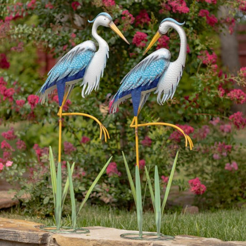 Blue and White Metal Heron Birds with Cattails Figurines | Set of 2