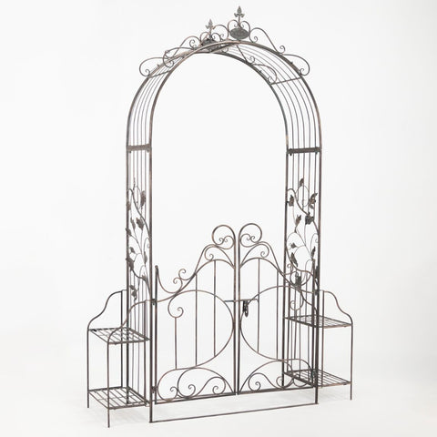 Garden Gate Arch with Side Plant Stands Iron Metal | Vineyard Yard Entrance