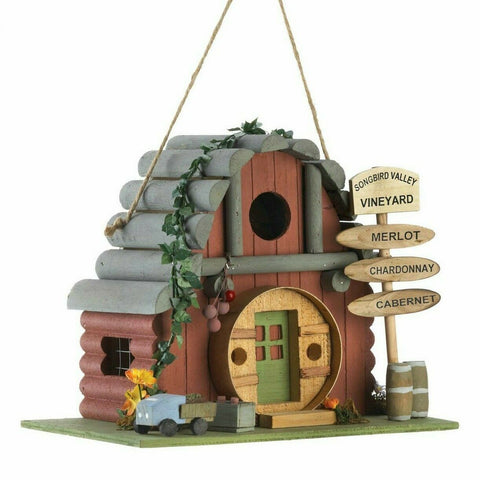 Vintage Winery Log Cabin-Style Bird House | Wine Theme Wood Birdhouse
