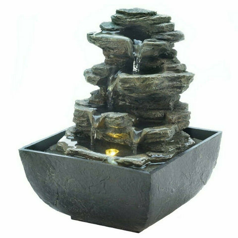 Multi-Level Tiered Rocks Lighted Small Tabletop Fountain