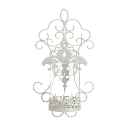 Romantic Ivory Scrolled Iron Wall Sconce | White Lave Candle Holder
